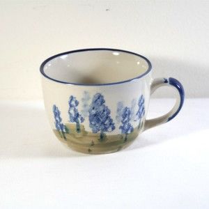 VTG Chi Kiang Stoneware Coffee Mug Blue Trees Watercolor Style Cup